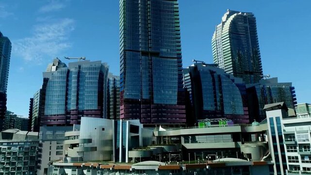 Stunning aerial shot of Sydney skyline and Barangaroo district at Darling Harbour. amazing architecture for the corporate offices and business centers. unique high rise and skyscrapers. 