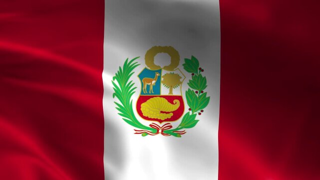 Waving Peruvian flag with coat of arms national symbol of Peru fabric texture patriotic concept for national holidays and events