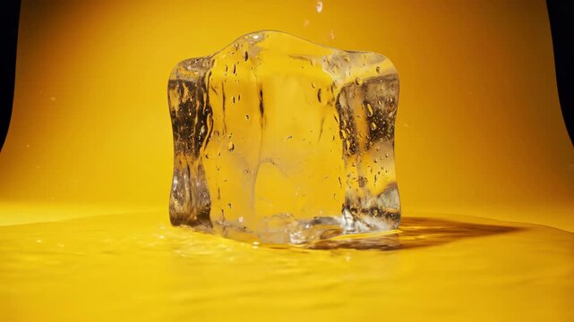 Refreshing water splashes over clear ice cube in macro studio shot