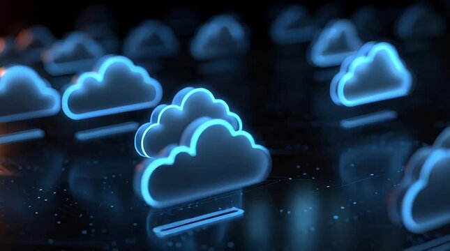 Glowing blue cloud icons floating on dark background with circuit board