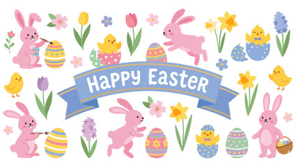 Festive Easter Celebration &ndash; Vector Illustration with Bunnies and Chicks, Easter, Easter illustration, bunnies, pink bunnies, yellow chicks, Easter eggs, decorated eggs, spring, springtime, 