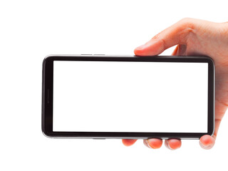 Hand holding a modern smartphone with a clean blank white screen