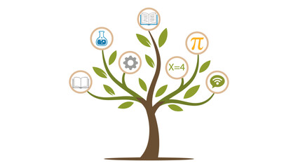 Stylized Knowledge Tree &ndash; Vector Illustration with Science, Tech, Math & Literature Icons, knowledge tree, stylized tree, education concept, science icon, technology icon, math icon, literature icon, 