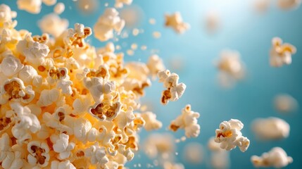 A dynamic explosion of popcorn pieces with a soft blue background, showcasing the light and fluffy texture of this classic snack in a visually appealing manner.