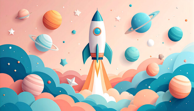 Colorful rocket launching amidst planets and stars in space illustration