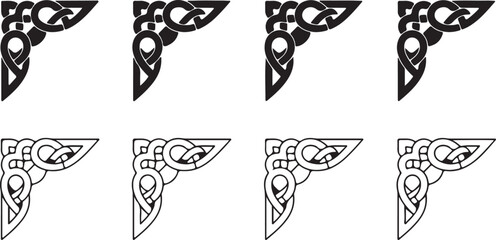 Fototapeta premium Eight intricate Celtic knot corner designs presented in both solid black and outline styles on a white canvas