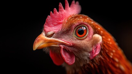 Fototapeta premium A detailed close-up of a hen's face showcases the captivating colors and intricate textures of its feathers, symbolizing the beauty of farm life and nature's artistry.