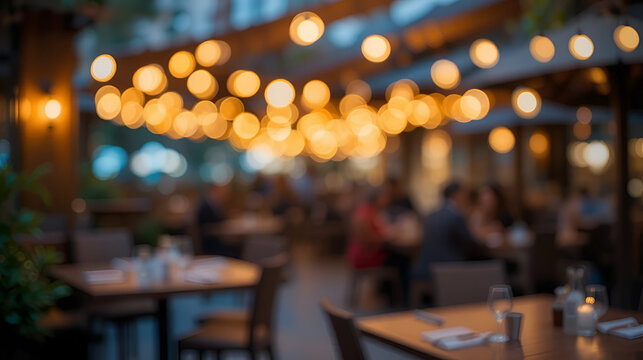 Abstract bokeh light creating a blurred background at an outdoor restaurant.