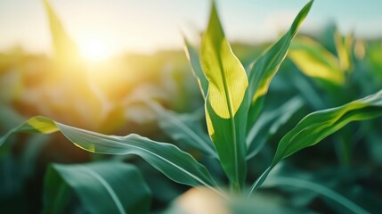Obraz premium This vibrant image captures lush green corn leaves shimmering in the warm glow of morning sunlight, symbolizing growth and the promise of harvest.
