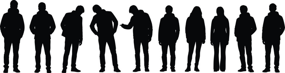 Minimalist black silhouettes of standing people in a row, anonymous human figures concept, social diversity and identity theme, isolated crowd illustration on white background