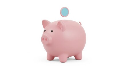 Obraz premium Pink Piggy Bank 3D Render with Floating Blue Coin for Savings and Finance Concept isolated on White Background