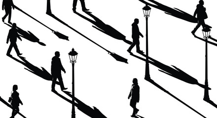 Minimalist black silhouettes of pedestrians walking with long shadows under street lamps, abstract urban crowd movement concept, high contrast people illustration design background