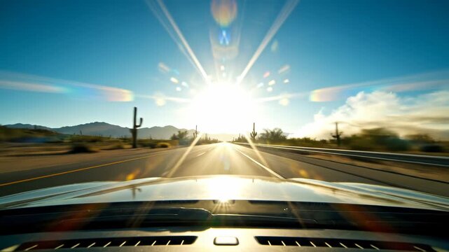 Driving down a desert road with sun glare on the windshield on a sunny day with a clear blue sky