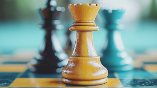 A striking close-up of a wooden chess piece set against a vibrant board showcases strategy and competition, highlighting the intricate details of each king and queen piece.
