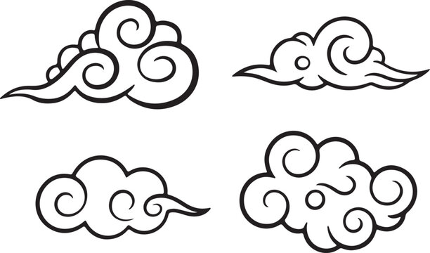 Four distinct black outline cloud illustrations featuring elegant swirls and traditional Asian inspired styling on white