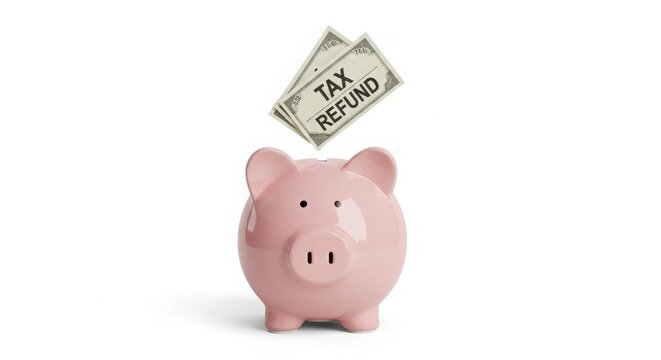 Pink Piggy Bank with "TAX REFUND" Checks Floating Above for Financial Savings Concept isolated on White Background