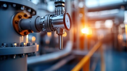 Fototapeta premium An industrial valve gleams in the warm light of a sunset, capturing the intersection of technology and nature in a powerful visual metaphor for modern industry.