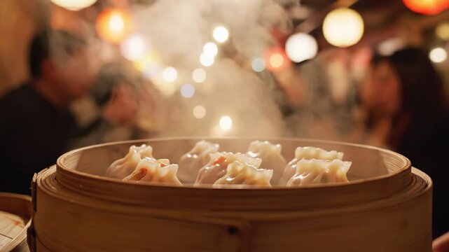 Steaming Dim Sum Dumplings in a Bamboo Basket at a Lively Restaurant.