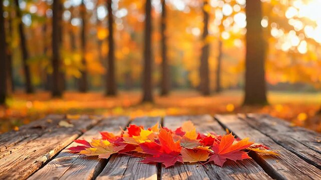 Autumn leaves on wooden table in forest