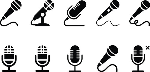 Microphone icon set featuring handheld studio podcast and stage microphones for audio recording broadcasting music performance speech in clean black vector illustration collection © It's Raju