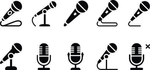 Microphone icon set showing handheld studio podcast and stage microphones for audio recording broadcasting music performance and speech concepts in modern black vector illustration collection © It's Raju
