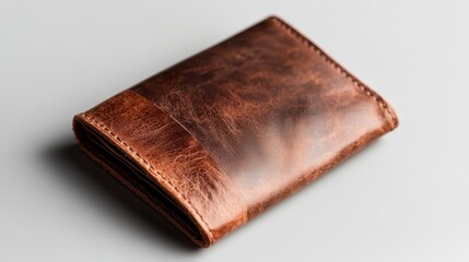 Obraz premium An elegant brown leather wallet rests on a minimalistic gray surface, showcasing its high-quality texture and craftsmanship, perfect for fashion and lifestyle photography.