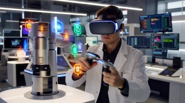 Man in lab coat using virtual reality headset to interact with robotic arm