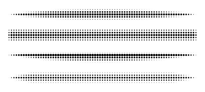 Halftone dividers with gradient dots and lines create modern comic style borders. Vector set features fading tones, edge patterns, and creative shapes for graphic design projects.