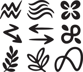 Fototapeta premium A diverse collection of nine hand drawn black doodle symbols including waves, arrows, and leaves