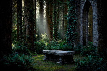 Ancient stone altar rests quietly in moody fantasy forest near ruins with magical sunlight beam shining through mist and tall pine tree with lush green fern plants creating mysterious atmosphere