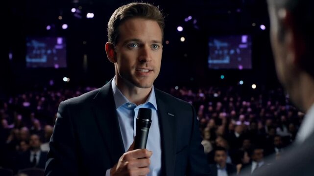Man in suit holding microphone speaking to audience in a crowded room