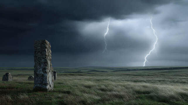 Dramatic lightning storm striking over ancient standing stone in dark cloudy sky creates ominous atmosphere across rural grass field landscape