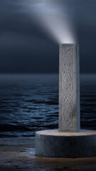Fototapeta premium Mysterious stone pillar monument standing near dark night sea with mystical light beam shining from above on ancient engraved sculpture with solemn atmosphere