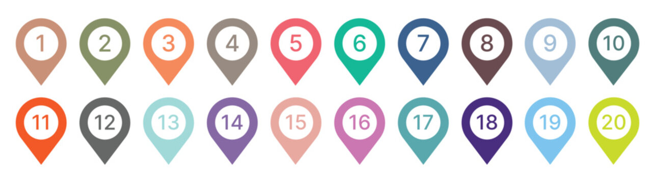 A set of colored map pointer icons with numbers 1 through 20 isolated on white background.