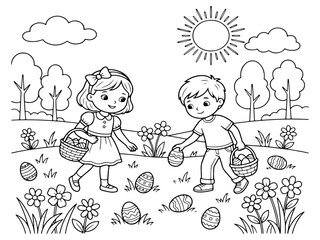 Children collecting easter eggs in a cheerful spring landscape