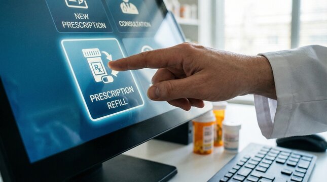 A hand of a medical staff touching a prescription refill button for the concept of medical technology.