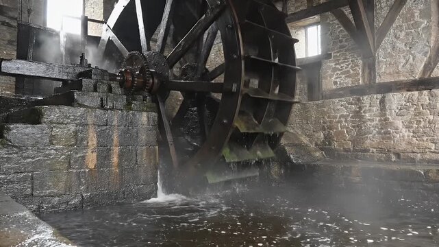 Close-up of a wooden water wheel with buckets splashing water into a dark, frothy pool below