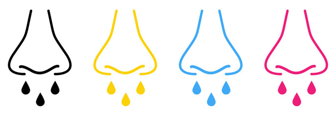Set of runny nose symptom line icons with dripping drops isolated on transparent background