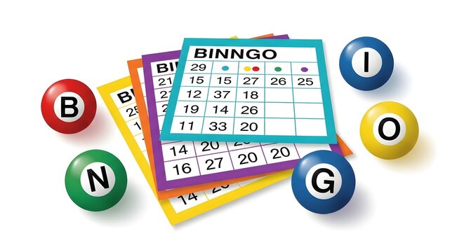 Colorful bingo cards and numbered balls displayed on a white surface