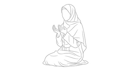 Obraz premium A black and white line drawing depicts a woman in a hijab kneeling with hands raised in a gesture of prayer or supplication
