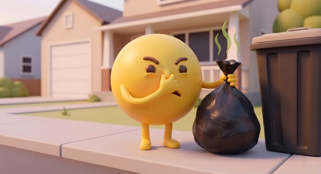 Disgusted 3D Emoji Character Holding Smelly Garbage Bag Outdoors