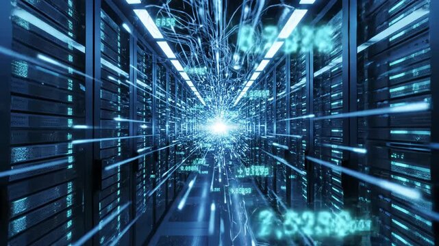 Futuristic data center with rows of servers and glowing blue lights