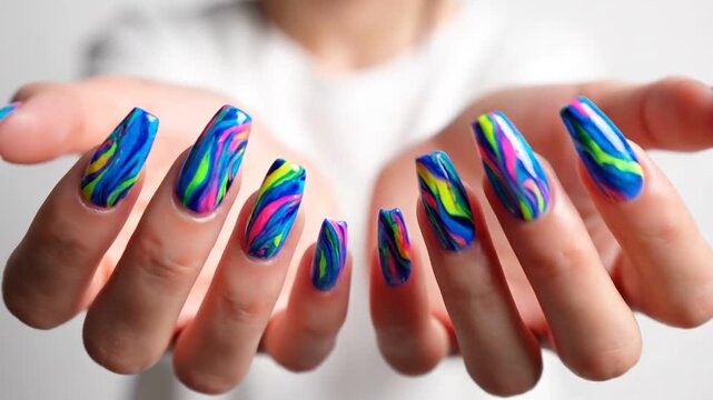 Woman Showing Colorful Nail Art Design.