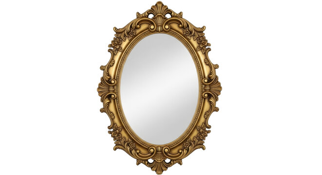 Vintage gold oval mirror with ornate baroque frame, antique Victorian wall mirror isolated on white, luxury classic decorative mirror for interior design