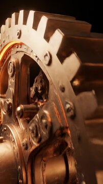 Intricate Golden Gear Mechanism with Fiery Glow.