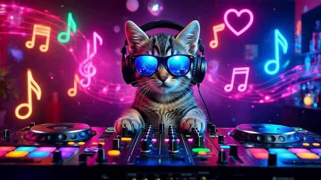 Cute cat DJ with neon music