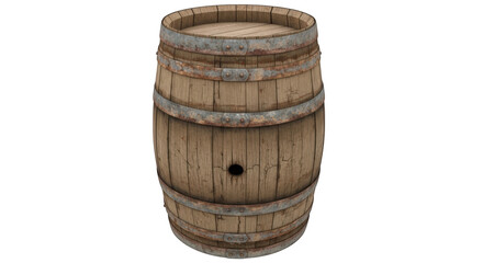 Fototapeta premium A large, weathered wooden barrel standing upright against a white background