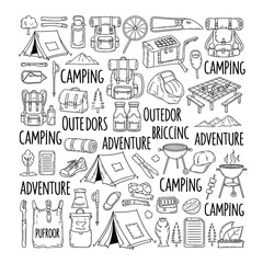 Camping adventure elements collection featuring tents, backpacks, cooking gear, and other outdoor recreation icons with a simple line drawing style