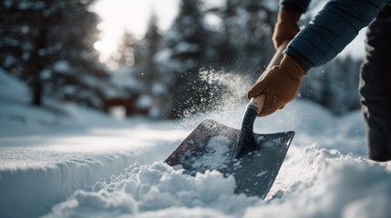 close up of shovel in male hands removing snow