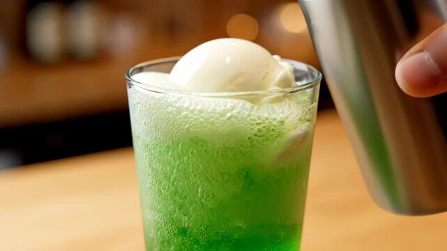 Green melon soda float being prepared in a glass 4K Video
